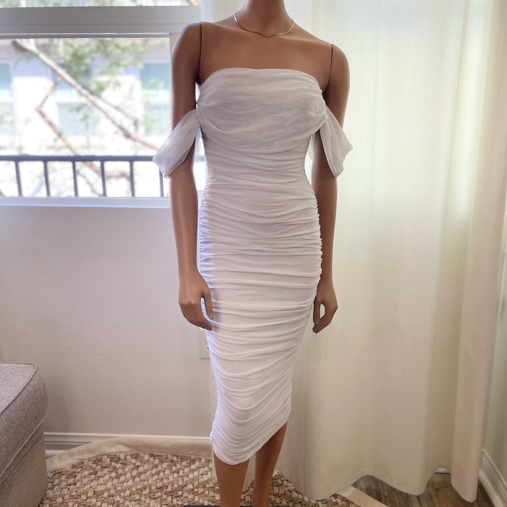 Cameo White Ruched Strapless Bodycon Dress